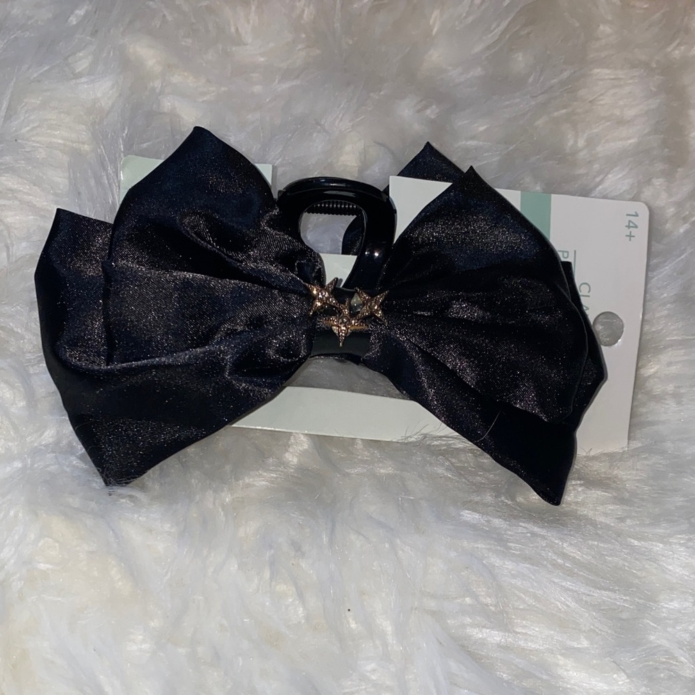 Elegant Satin Black Bow Hair Clip Star Studded